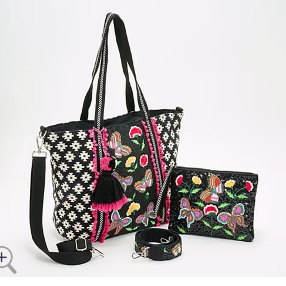 America & Beyond Midnight Butterflies Tote Bag Set, New Without Tags